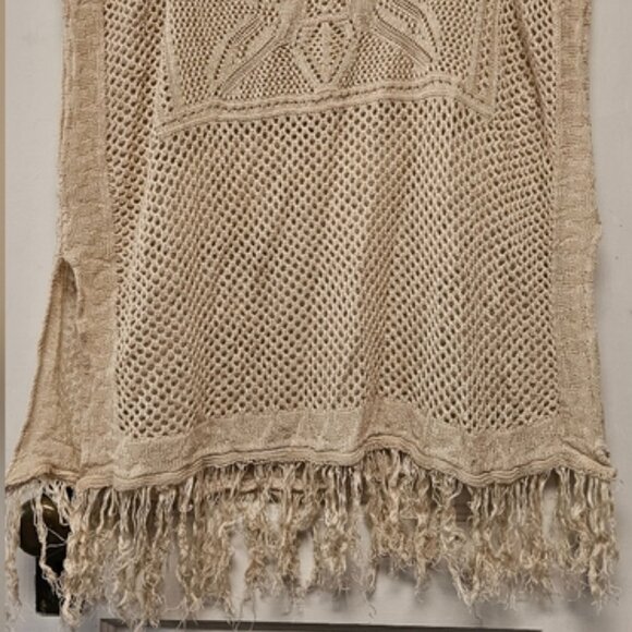 Beige Knit Poncho with Fringe - Picture 1 of 6